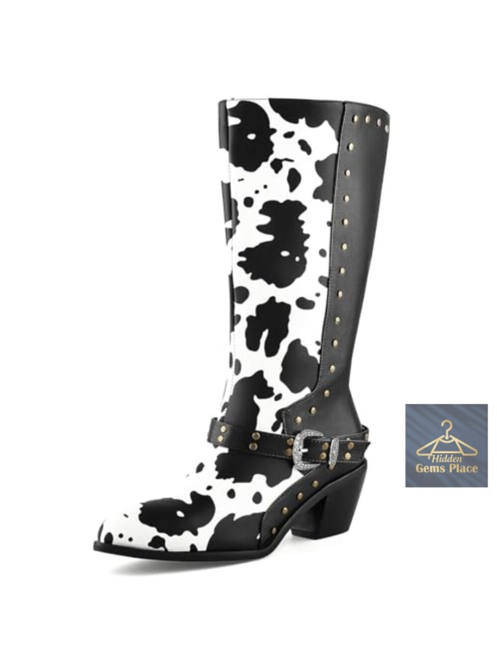 Cow Print Studded Mid Calf Chunky Heel Zipper Biker Boots